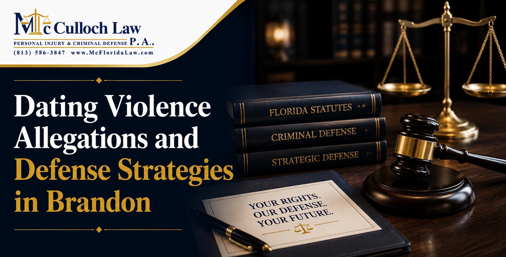 Dating Violence Defense Strategies in Brandon, Florida Legal books, a gavel, and scales of justice on a desk illustrating dating violence defense in Brandon, Florida.