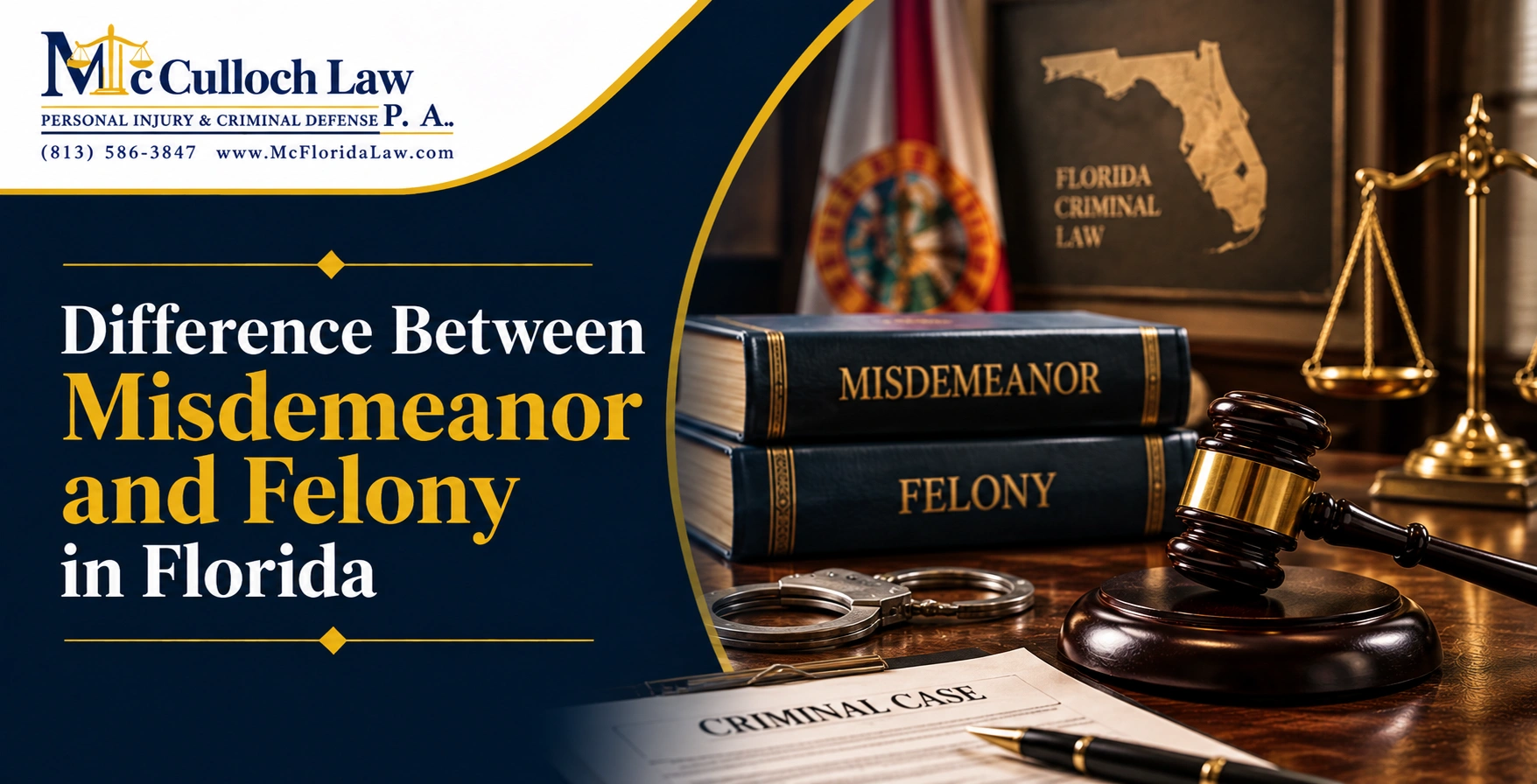 Difference Between Misdemeanor and Felony in Florida Lawbooks labeled Misdemeanor and Felony alongside a gavel, handcuffs, and a criminal case file.