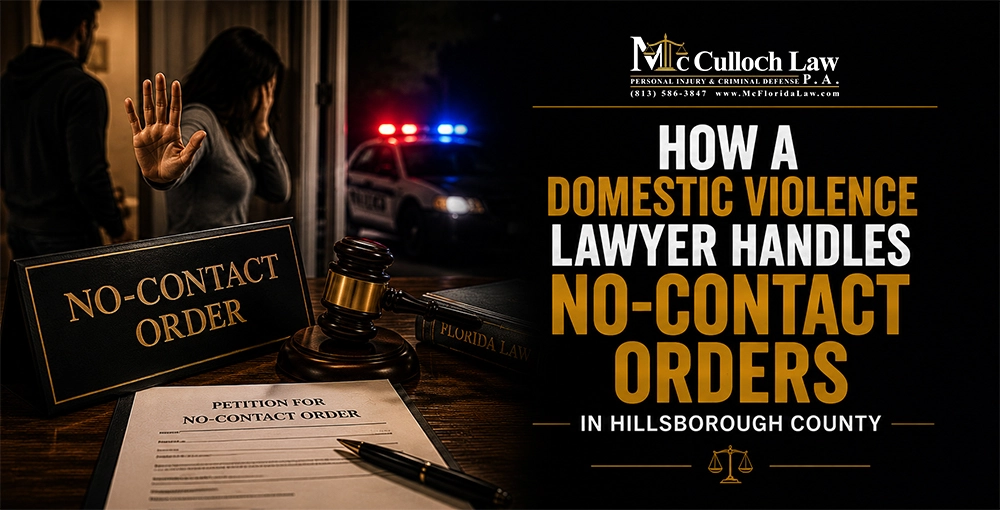 How a Domestic Violence Lawyer Handles No-Contact Orders in Hillsborough County Domestic violence lawyer graphic showing a no-contact order, judge's gavel, legal documents, police lights, and a domestic violence incident in Hillsborough County.