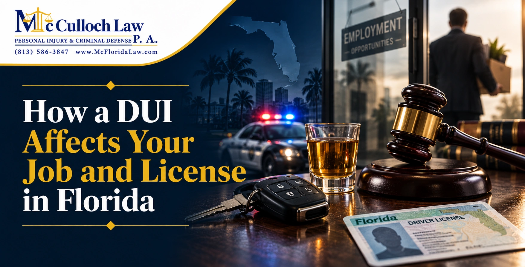 How a DUI Affects Your Job and License in Florida Car keys, a drink, a gavel, and a Florida driver's license on a table with a police car and person leaving a job in the background.