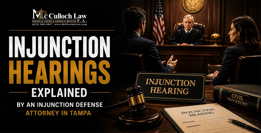 Injunction Hearings Explained by an Injunction Defense Attorney in Tampa Tampa injunction defense attorney presenting arguments during an injunction hearing before a judge in a courtroom.