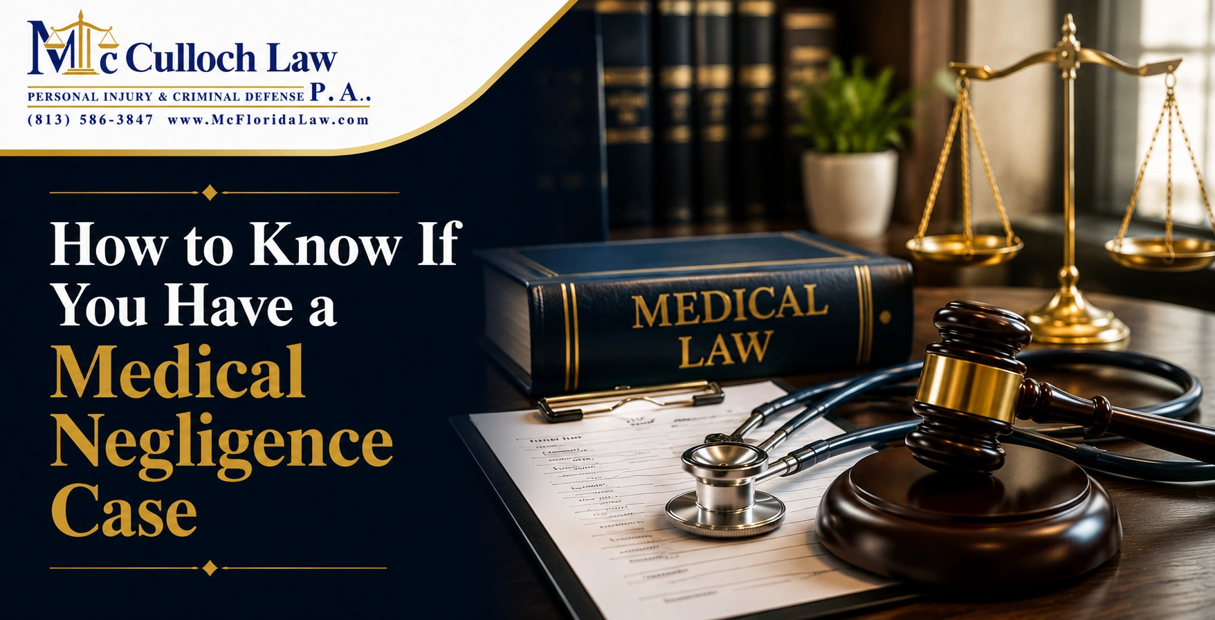 Do You Have a Medical Negligence Case? Indicators Medical law book, stethoscope, and judge's gavel on an attorney's desk, with case indicators and law scales.