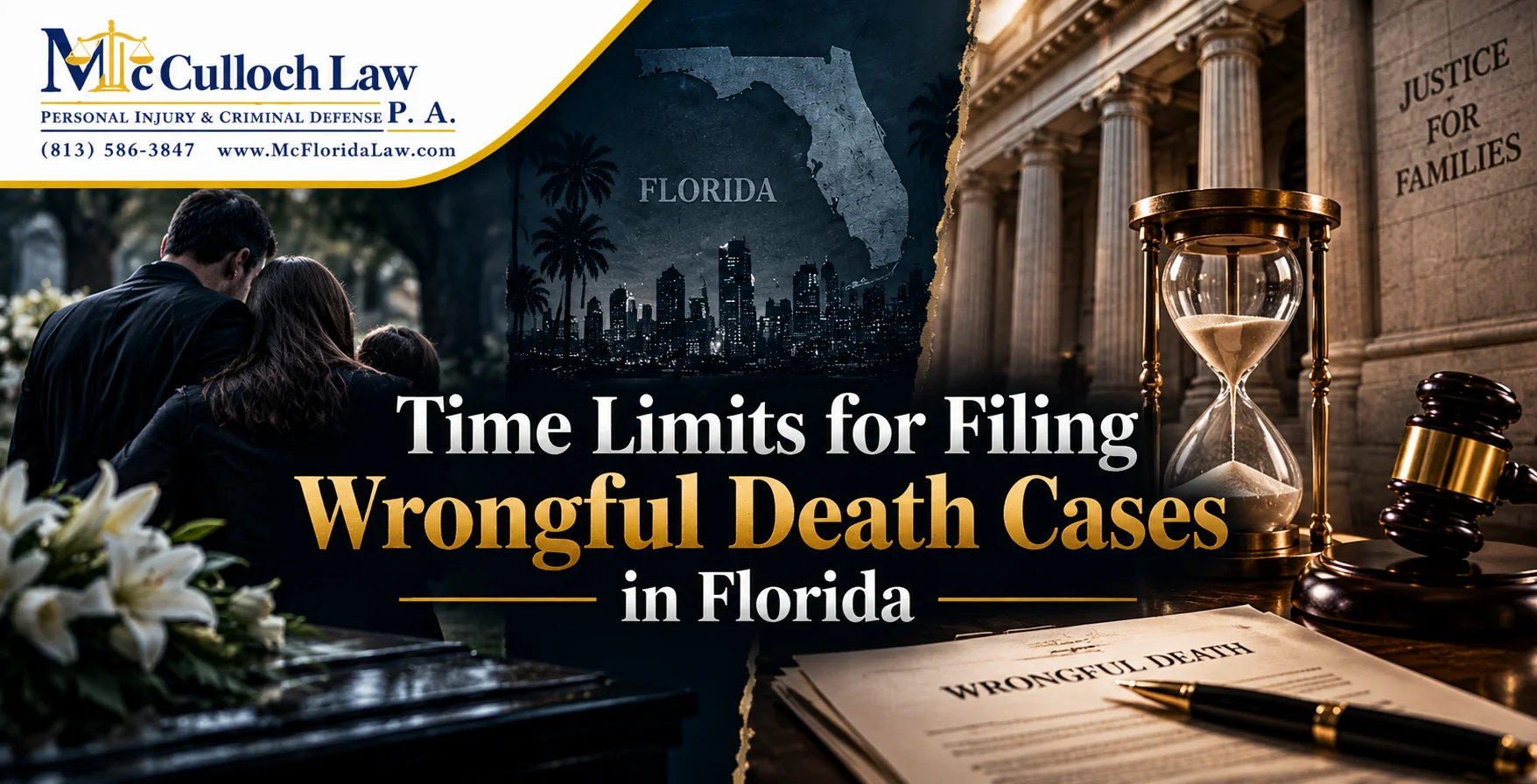 Time Limits for Filing Wrongful Death Cases in Florida An hourglass, a wrongful death document, a gavel, and a grieving family with a Florida map background.