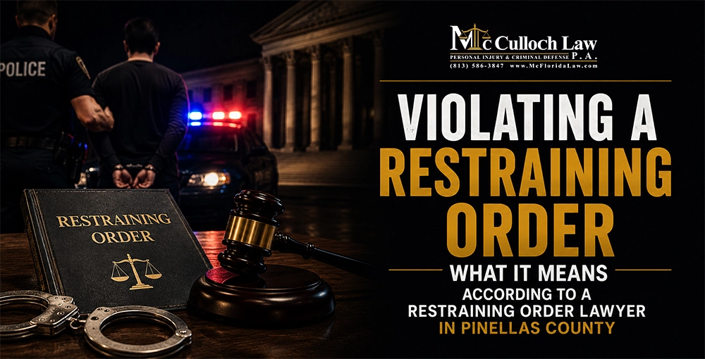 What Violating a Restraining Order Means in Pinellas County Police officer arresting a person for allegedly violating a restraining order in Pinellas County, Florida, with legal documents, handcuffs, and a judge’s gavel.