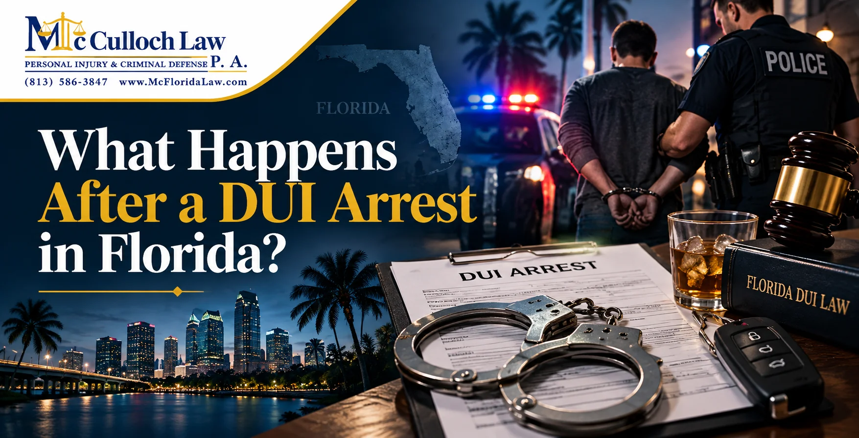 What Happens After a DUI Arrest in Florida Police officer arresting a driver with a DUI arrest report, handcuffs, a drink, and a gavel on a desk.