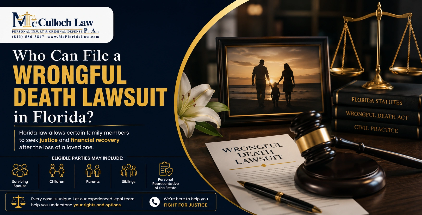 Who Can File a Wrongful Death Lawsuit in Florida Law Gavel, legal documents, scales of justice, and framed family photo for Florida wrongful death lawsuit eligibility guide.